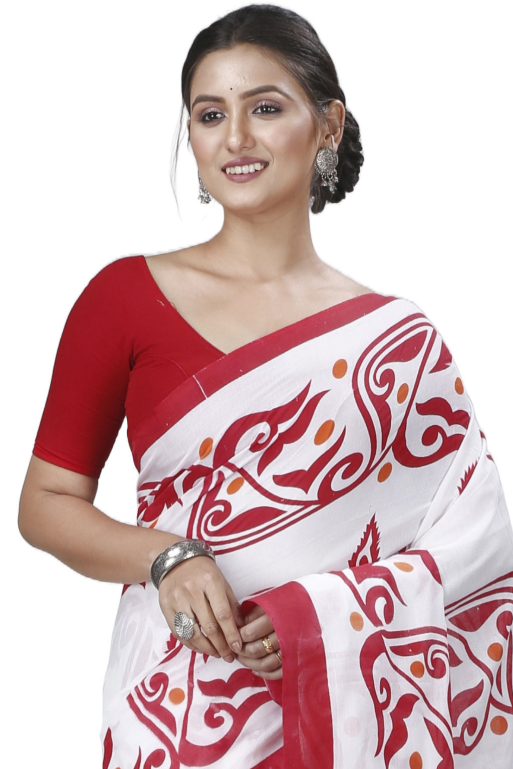 Red White Pure Cotton Teba Printed Handloom Saree (1262)